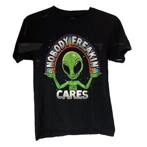 DOM Shirt Unisex Black Short Sleeve Crewneck Nobody Freaking Cares Alien Logo S